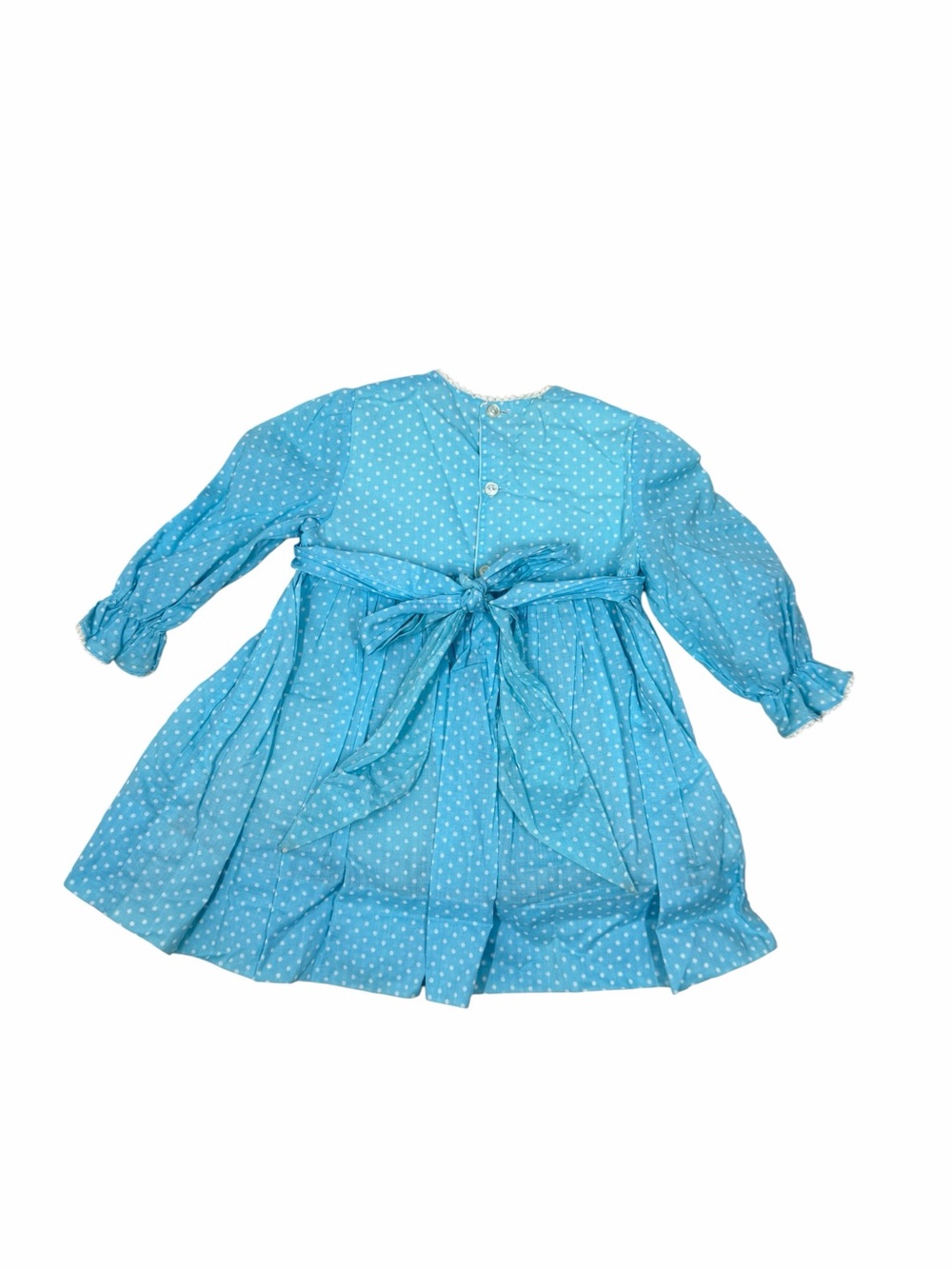 Polly Flinders Girls Vintage Hand Smocked Polka Dot Dress Blue Size 3 Picot Trim - Picture 2 of 9